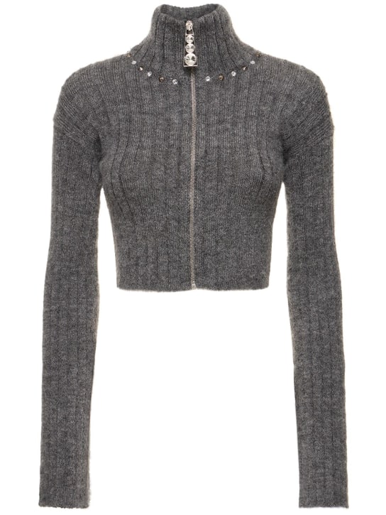 Alessandra Rich: Mohair blend knit crop cardigan - Grey - women_0 | Luisa Via Roma