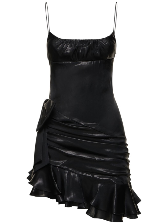 Alessandra Rich: Laminated silk blend mini dress w/volant - Black - women_0 | Luisa Via Roma