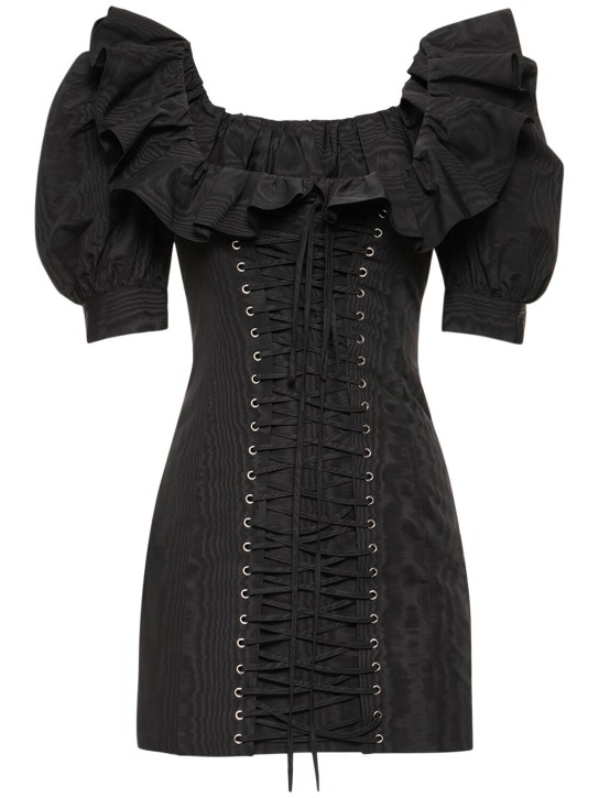 Alessandra Rich: Moiré mini dress w/ lace-up detail - Black - women_0 | Luisa Via Roma