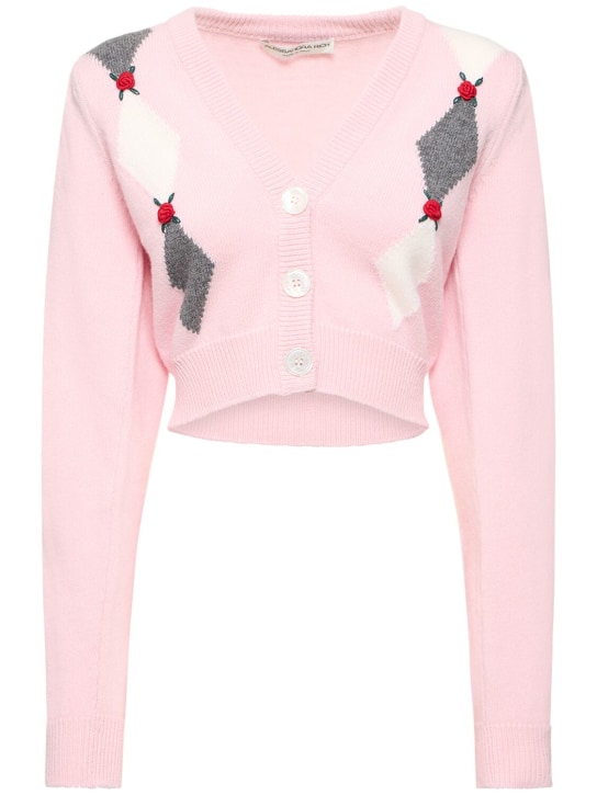 Alessandra Rich: Diamond jacquard wool knit crop cardigan - Pink - women_0 | Luisa Via Roma