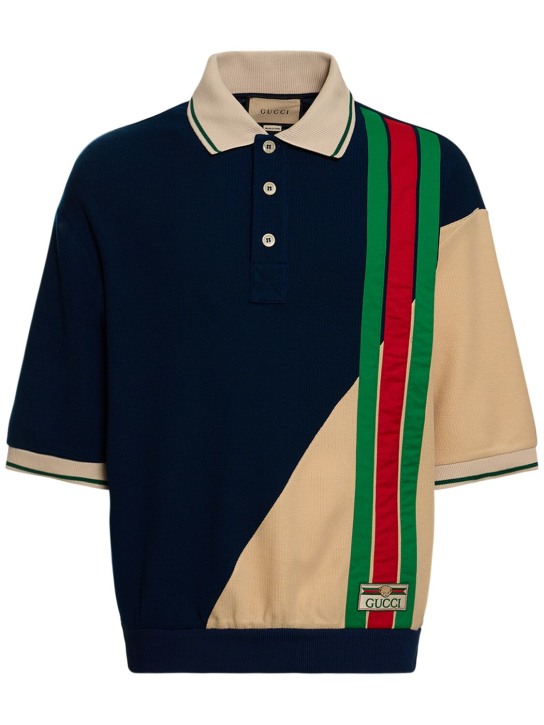 Gucci: Wool & cotton polo shirt w/ web detail - Blue/Multi - men_0 | Luisa Via Roma