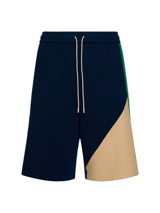 Gucci: Shorts deportivos de lana y algodón con tribanda - Azul/Multi - men_0 | Luisa Via Roma