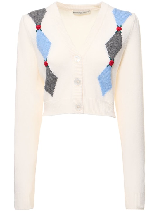 Alessandra Rich: Diamond jacquard wool knit crop cardigan - White - women_0 | Luisa Via Roma