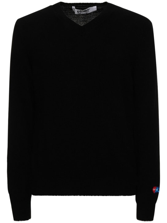 Comme des Garçons Play: Sleeve logo wool v-neck sweater - Siyah - men_0 | Luisa Via Roma