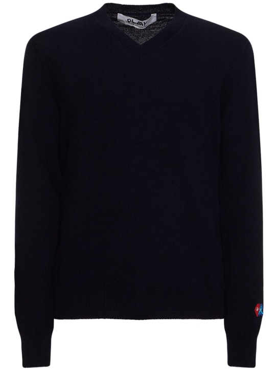 Comme des Garçons Play: Sleeve logo wool v-neck sweater - Lacivert - men_0 | Luisa Via Roma