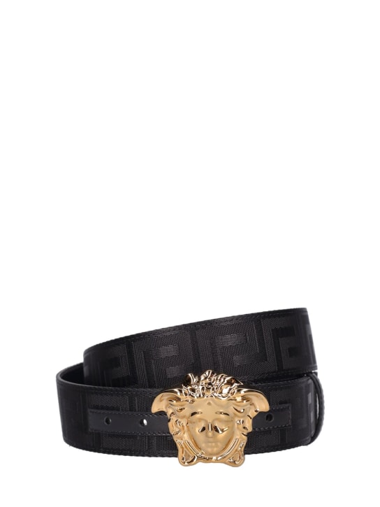 Versace: 4cm Medusa tech & leather belt - Black/Gold - men_0 | Luisa Via Roma