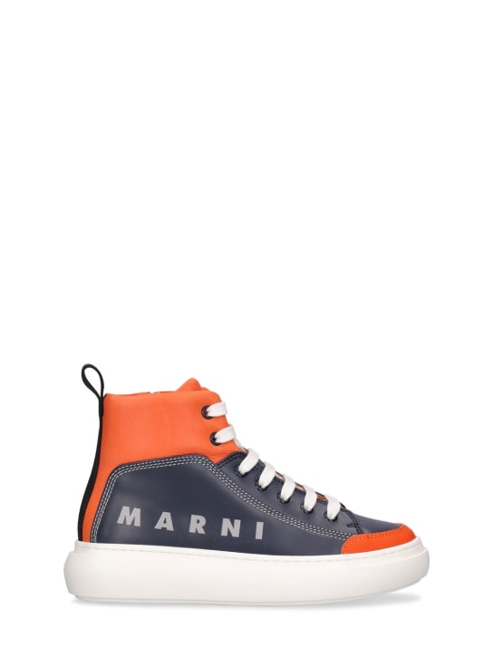 Marni Junior: Leather & tech high sneakers w/logo - Orange/Black - kids-boys_0 | Luisa Via Roma