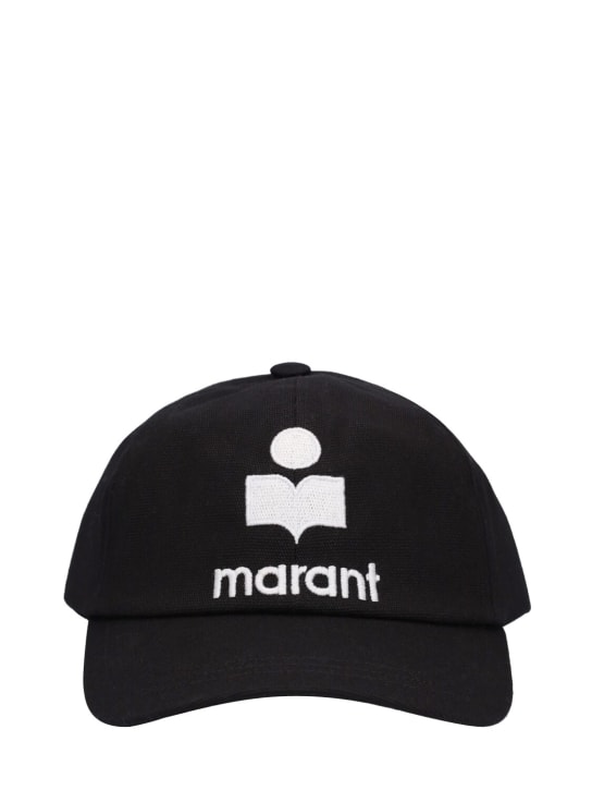 Marant: Cappello baseball in cotone con logo ricamato - Nero/Ecru - men_0 | Luisa Via Roma