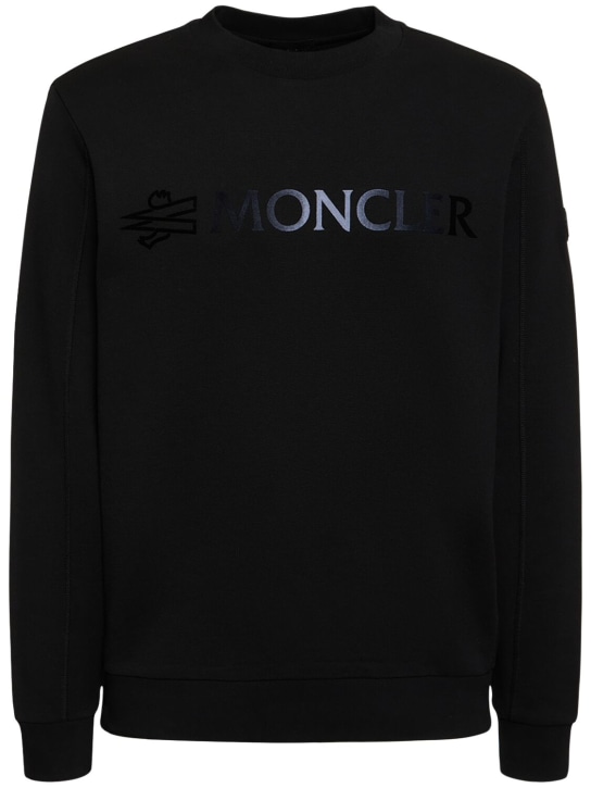 Moncler: Logo棉质圆领卫衣 - 黑色 - men_0 | Luisa Via Roma