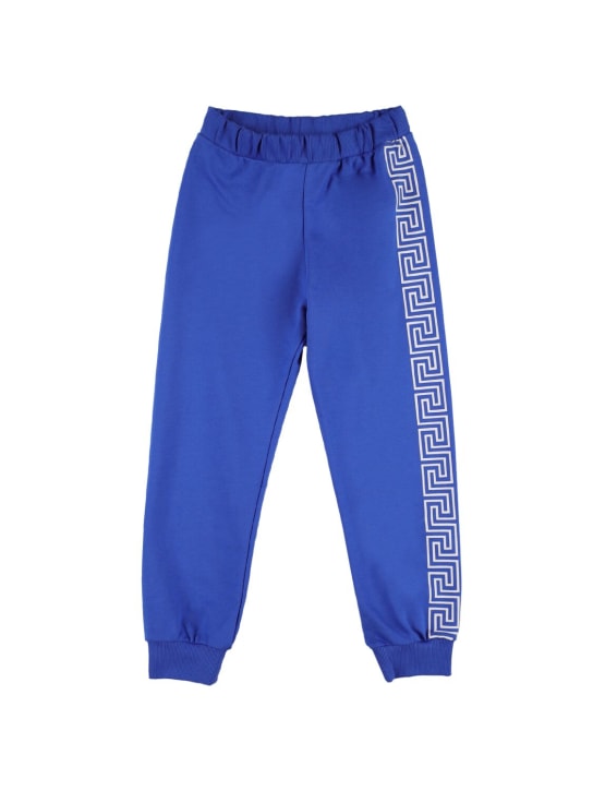 Versace: Pantalon en coton imprimé Greca - Bleu - kids-boys_0 | Luisa Via Roma