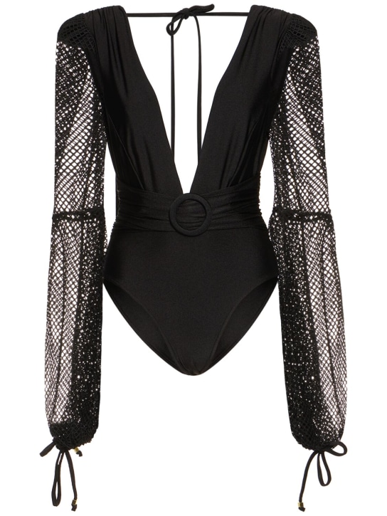 Patbo: Plunge neck mesh bodysuit - Black - women_0 | Luisa Via Roma