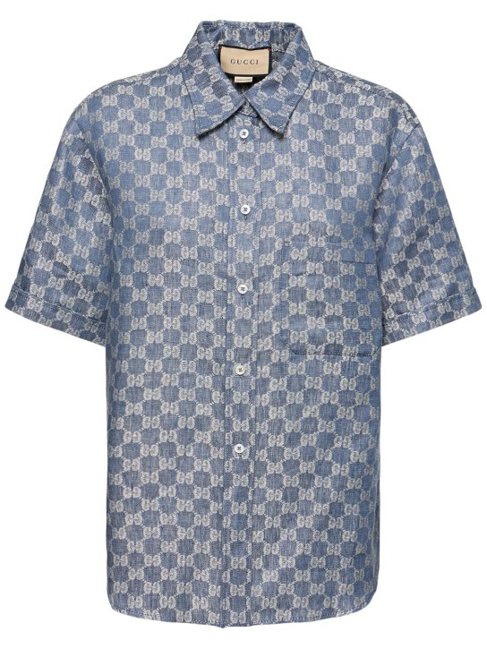 Gucci: GG linen jacquard short sleeve shirt - Blue/Grey - women_0 | Luisa Via Roma