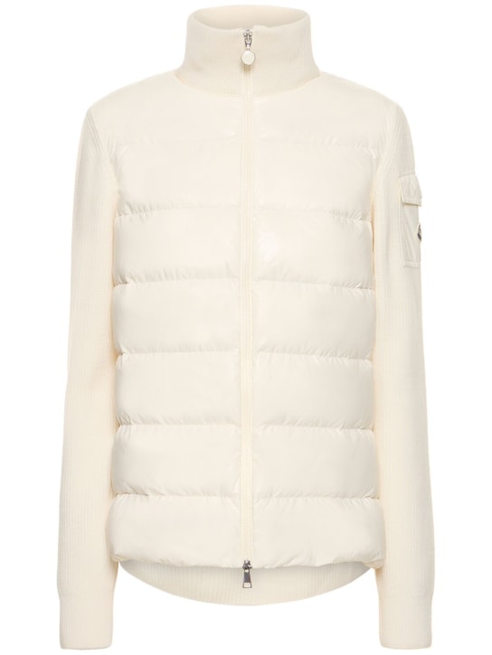 Moncler: Wool knit & nylon down cardigan jacket - Beyaz - women_0 | Luisa Via Roma