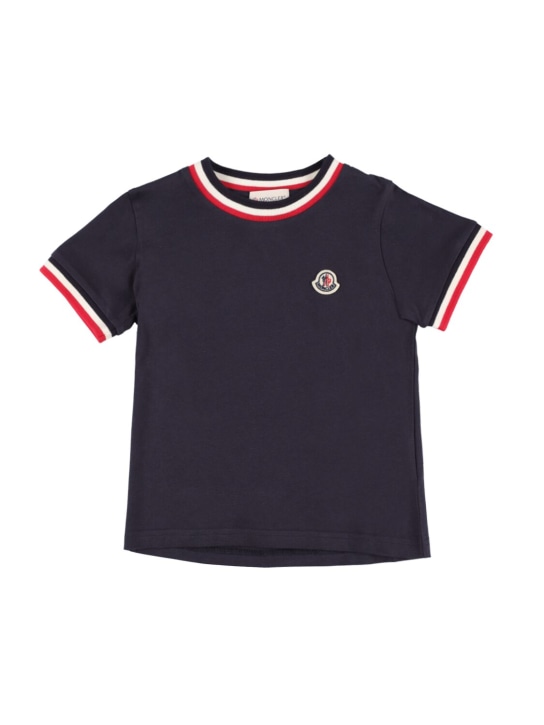 Moncler: 트리컬러 코튼 저지 티셔츠 - 네이비 블루 - kids-boys_0 | Luisa Via Roma