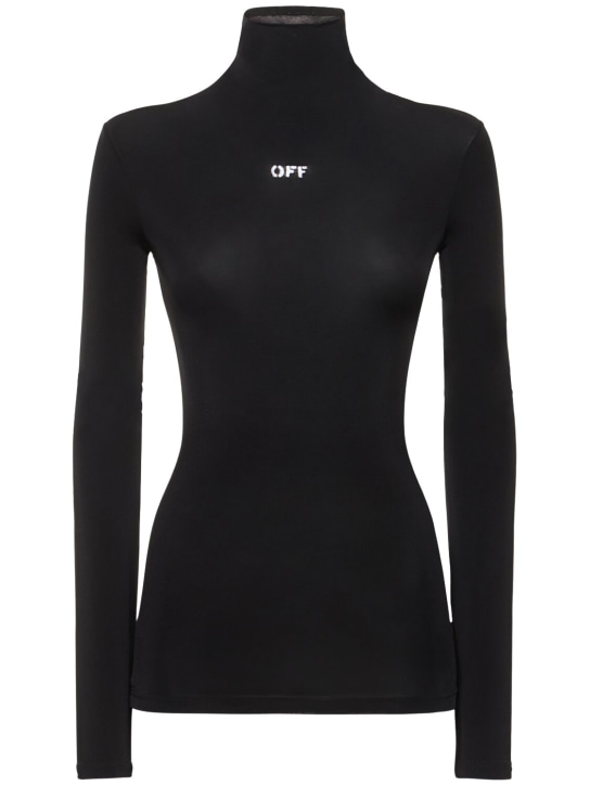Off-White: Off logo viscose blend long sleeve top - Siyah - women_0 | Luisa Via Roma