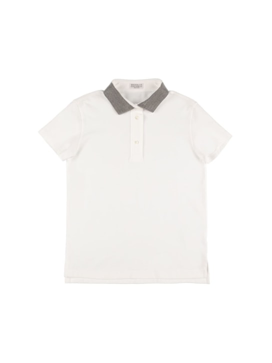 Brunello Cucinelli: Embellished cotton piquet polo shirt - Weiß - kids-girls_0 | Luisa Via Roma