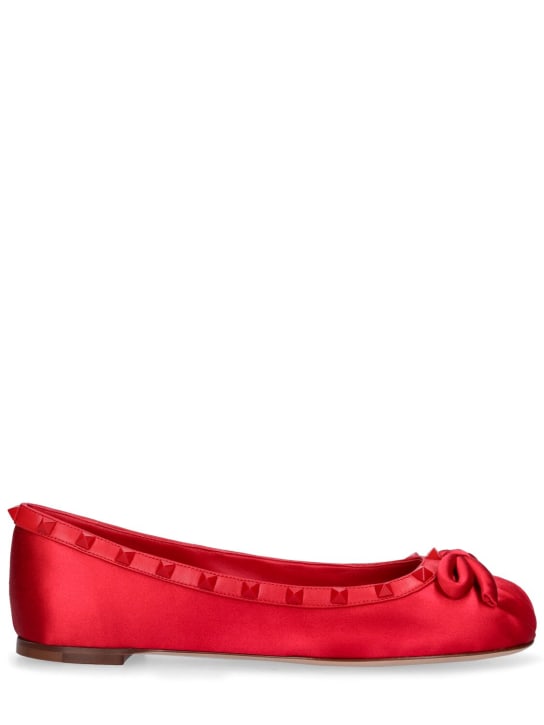 Valentino Garavani: 5mm Rockstud satin & leather flats - Red - women_0 | Luisa Via Roma