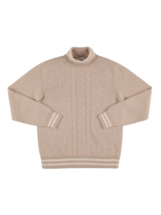Brunello Cucinelli: Cashmere cable knit turtleneck sweater - Krem - kids-boys_0 | Luisa Via Roma