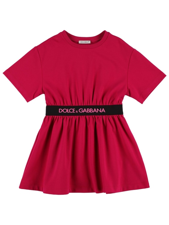 Dolce&Gabbana: Robe en jersey de coton avec bande logo - Fuchsia - kids-girls_0 | Luisa Via Roma