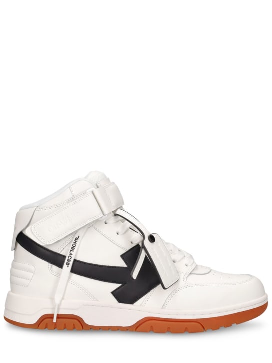 Off-White: Out Of Office mid top leather sneakers - Beyaz/Siyah - men_0 | Luisa Via Roma