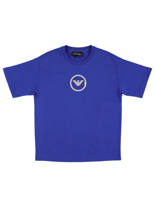 Emporio Armani: T-shirt en jersey de coton avec patch logo - Bleu Roi - kids-boys_0 | Luisa Via Roma