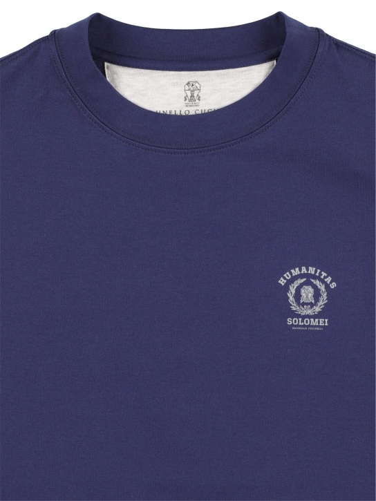 Brunello Cucinelli: T-shirt en jersey de coton à imprimé logo - Bleu Marine - kids-boys_1 | Luisa Via Roma