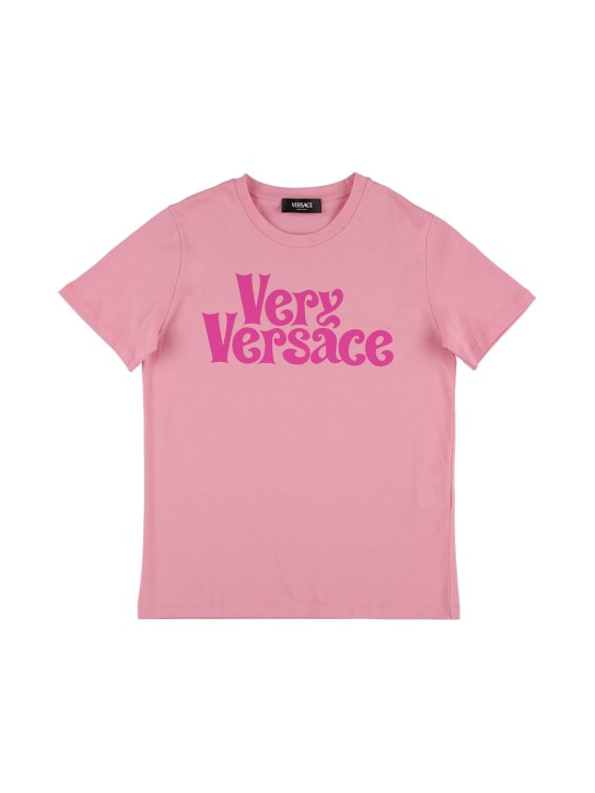 Versace: T-shirt en jersey de coton imprimé logo - Rose - kids-girls_0 | Luisa Via Roma
