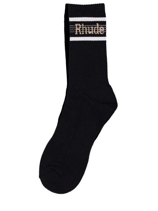 RHUDE: Logo stripe sport socks - Siyah - men_0 | Luisa Via Roma