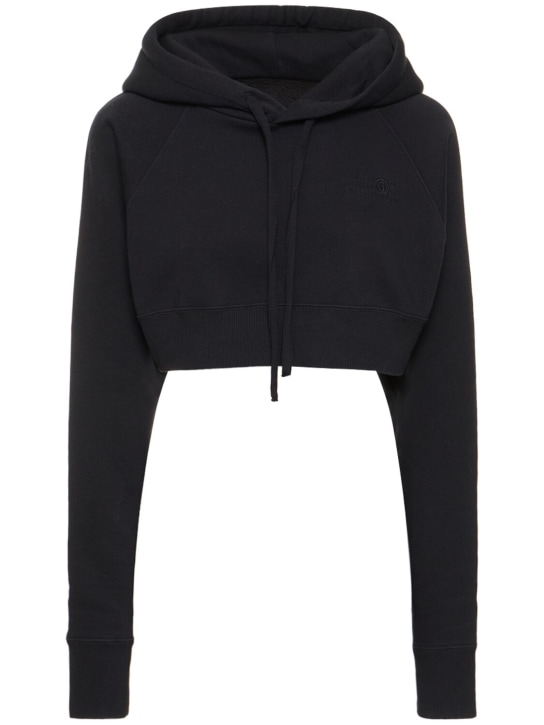 MM6 Maison Margiela: Logo cotton blend jersey crop hoodie - Black - women_0 | Luisa Via Roma