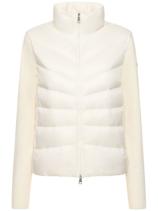 Moncler: Cardigan in lana tricot e piumino di nylon - Bianco - women_0 | Luisa Via Roma