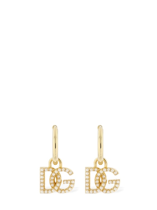 Dolce&Gabbana: DG logo faux pearl hoop earrings - Gold/White - women_0 | Luisa Via Roma