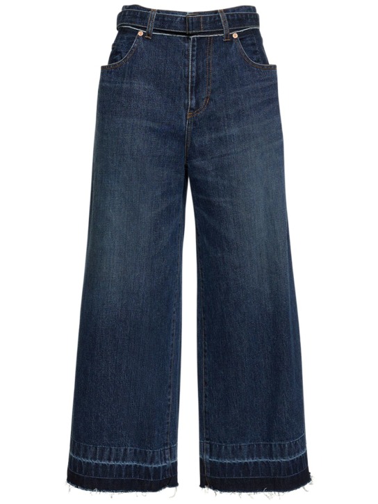 Sacai: Jeans anchos de denim con cinturón - Azul - women_0 | Luisa Via Roma