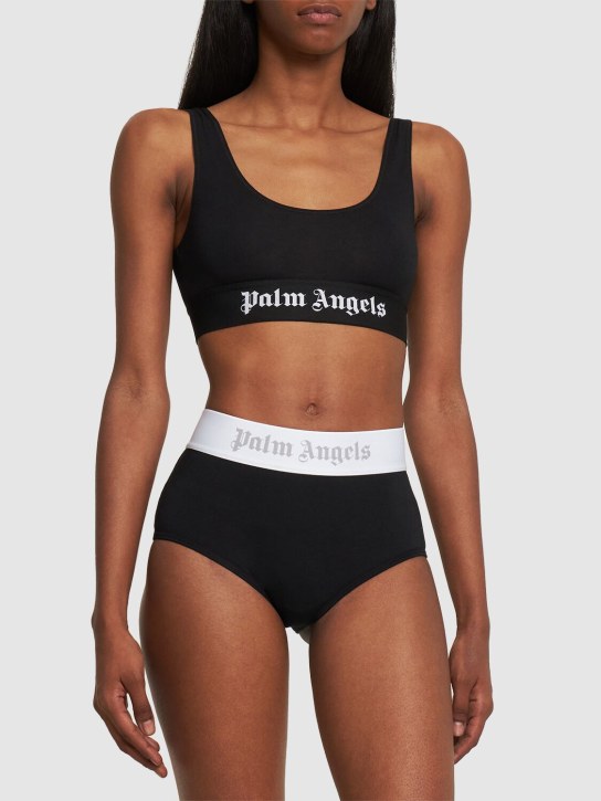 Palm Angels: Classic logo high rise cotton briefs - Negro - women_1 | Luisa Via Roma
