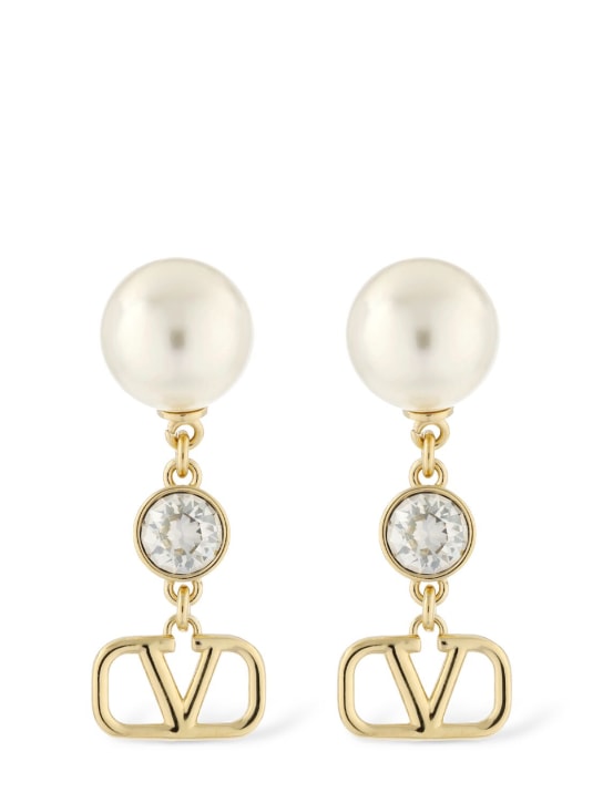 Valentino Garavani: V logo signature faux pearl earrings - Multi/Gold - women_0 | Luisa Via Roma