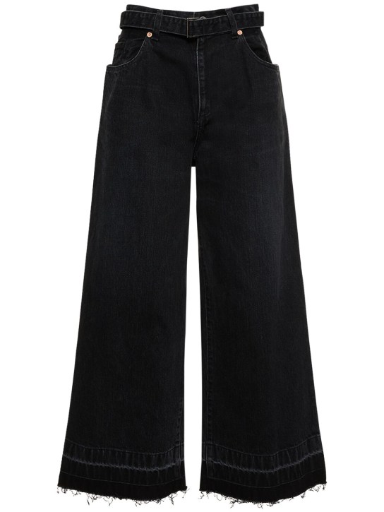 Sacai: High rise belted denim wide jeans - Siyah - women_0 | Luisa Via Roma