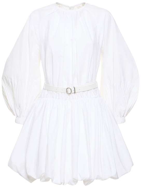 Jil Sander: Pleated cotton poplin mini dress w/belt - White - women_0 | Luisa Via Roma