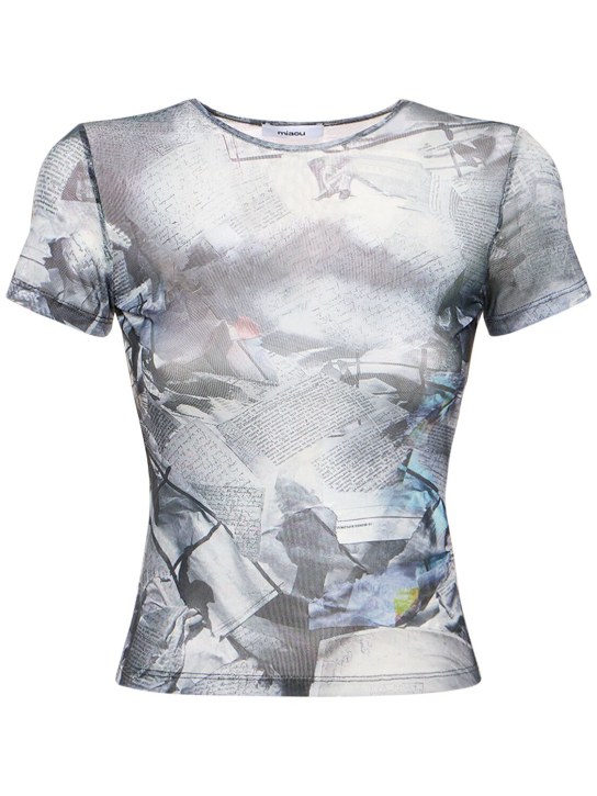 Miaou: T-shirt court en tissu technique stretch imprimé - Noir/Blanc - women_0 | Luisa Via Roma