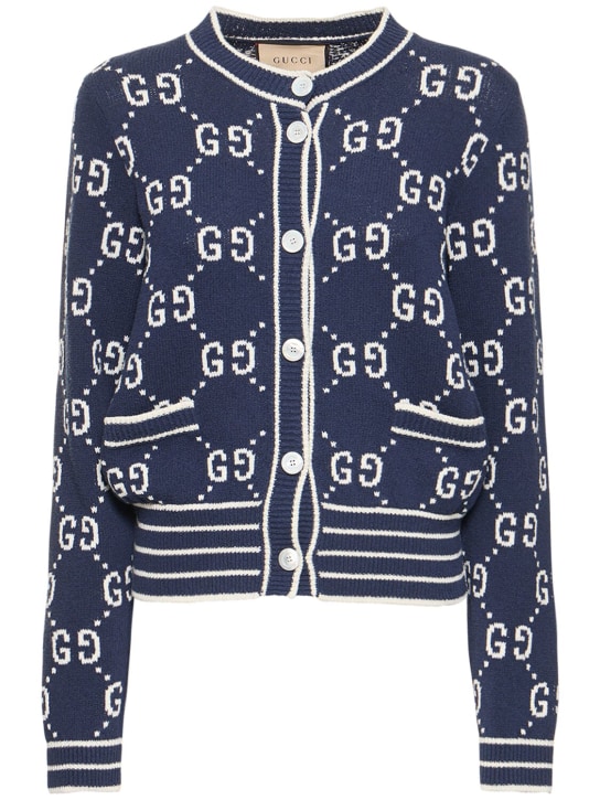 Gucci: Cardigan in maglia di misto cotone - Blu Scuro/Avori - women_0 | Luisa Via Roma
