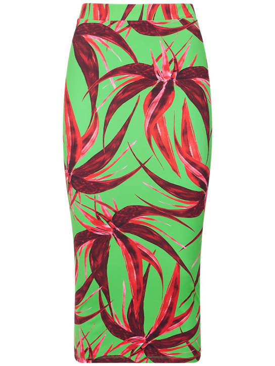 Louisa Ballou: Printed ribbed stretch midi skirt - Red Green Flowe - women_0 | Luisa Via Roma