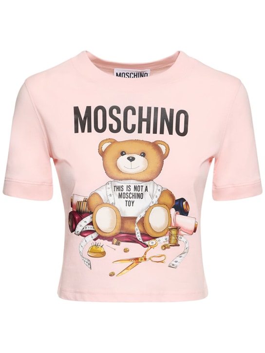 Moschino: T-shirt court en jersey de coton imprimé logo - women_0 | Luisa Via Roma