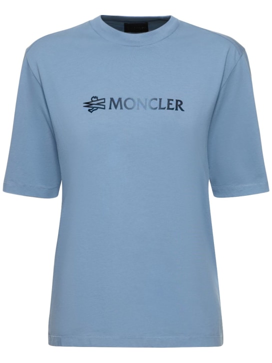 Moncler: Camiseta de algodón estampada - Azul Medio - women_0 | Luisa Via Roma