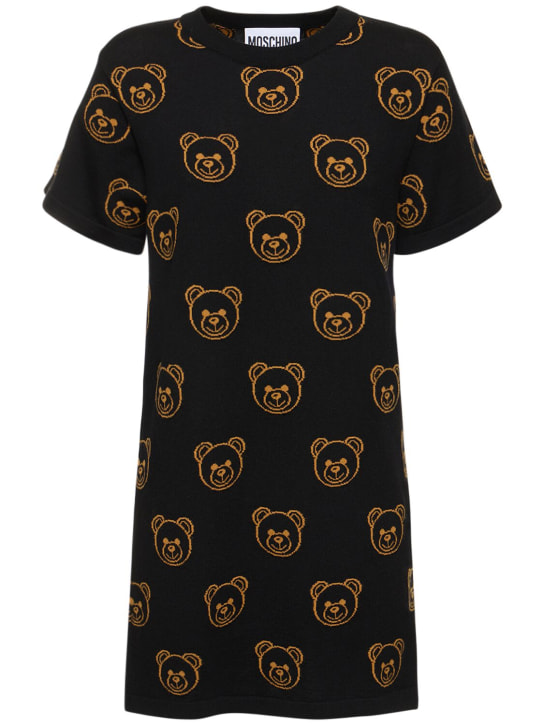 Moschino: Hemdkleid aus Wolljacquard mit Teddy-Logo - Schwarz - women_0 | Luisa Via Roma