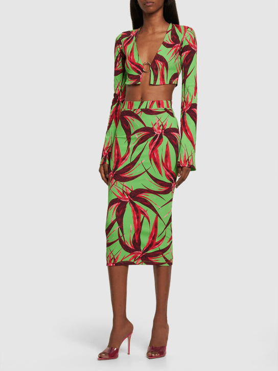 Louisa Ballou: Printed ribbed stretch midi skirt - Red Green Flowe - women_1 | Luisa Via Roma