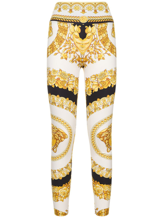 Versace: Barocco印花平纹针织紧身裤 - 白色/金色 - women_0 | Luisa Via Roma