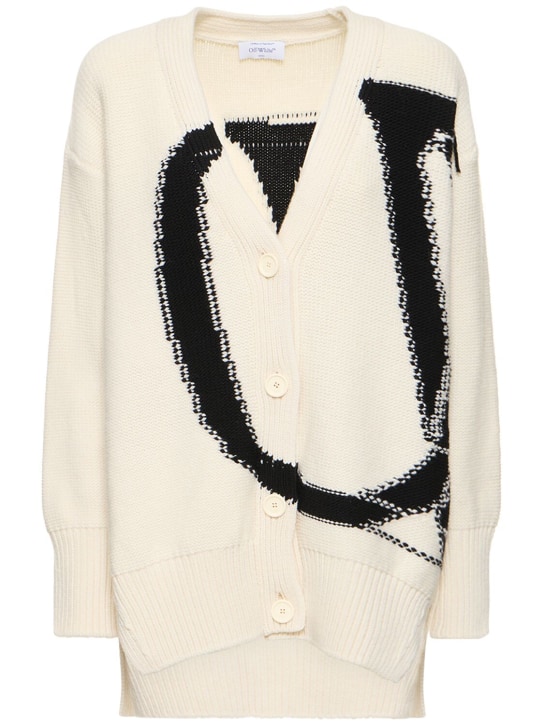 Off-White: Cardigan en laine à logo OW - Blanc/Noir - women_0 | Luisa Via Roma