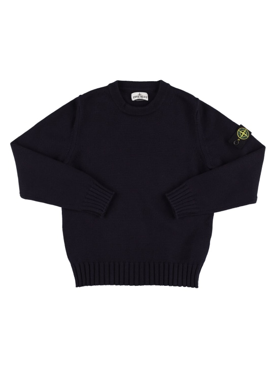 Stone Island: Suéter de punto de algodón con parche de logo - Azul Marino - kids-boys_0 | Luisa Via Roma