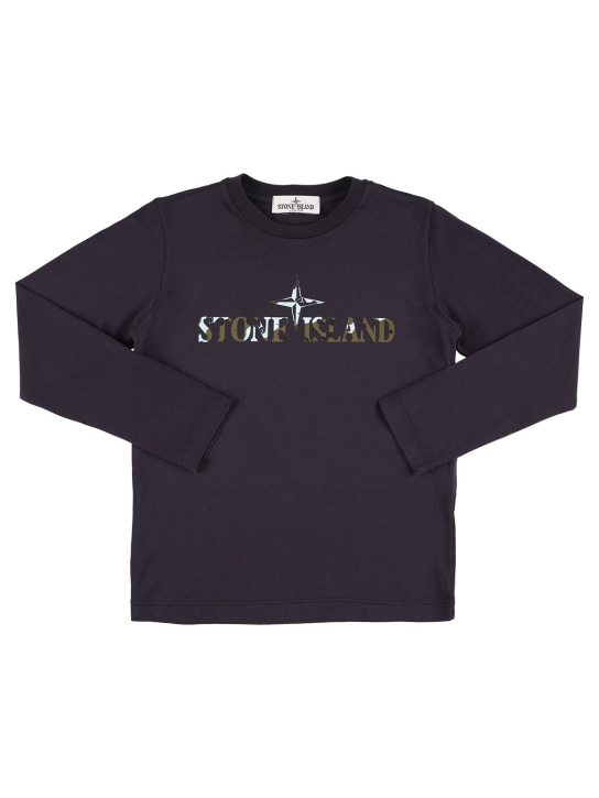 Stone Island: Long sleeve cotton jersey t-shirt w/logo - Mavi - kids-boys_0 | Luisa Via Roma