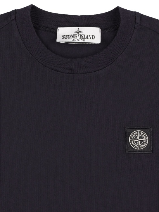 Stone Island: 로고 긴�� 코튼 저지 티셔츠 - 네이비 블루 - kids-boys_1 | Luisa Via Roma