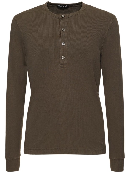Tom Ford: T-shirt Henley in misto lyocell a costine - Deep Olive - men_0 | Luisa Via Roma