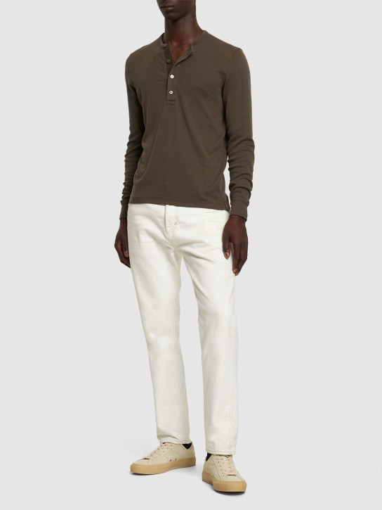 Tom Ford: T-shirt Henley in misto lyocell a costine - Deep Olive - men_1 | Luisa Via Roma